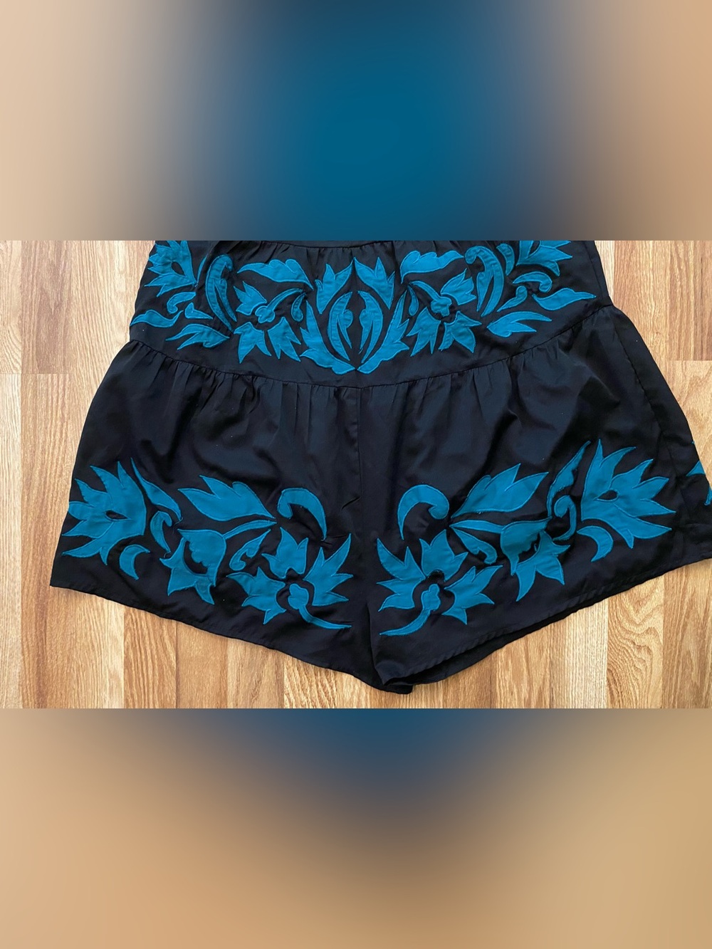 Free People Black Camisole Romper with Teal Floral Embroidery Size Medium - Picture 3 of 8